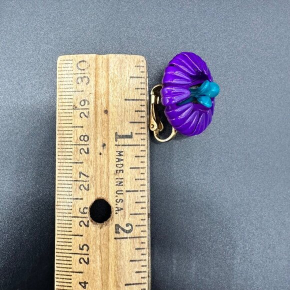Vintage Flower Power Clip On Earrings Purple Turquoise 60s Retro Enamel Jewely - Picture 7 of 7